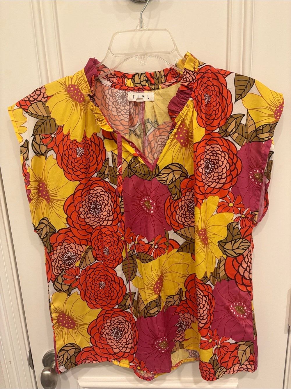 THML Bright Floral Cap Sleeve V-Neck Top in Yellow, Pink & Orange